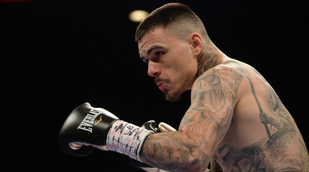 Jan 19, 2019; Las Vegas, NV, USA; George Kambosos Jr (white/black trunks) and Rey Perez (not pictured) box during a lightweight boxing match at MGM Grand Garden Arena. Kambosos Jr won via unanimous decision.